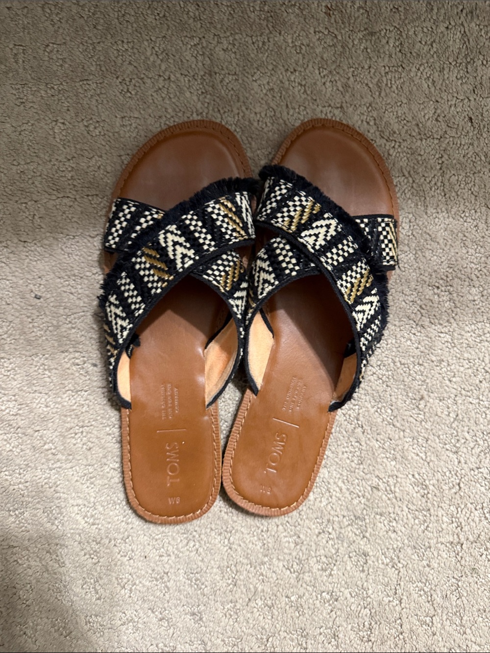 TOMS Black, Tan & Cream Woven Crossband Slide Mules